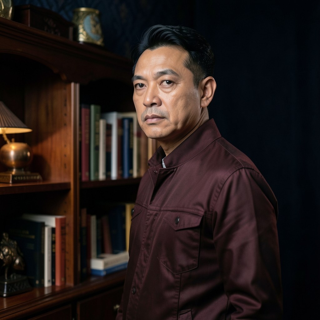 Portrait of Niran, the desk coach, in a burgundy jacket beside a bookshelf in a dim study