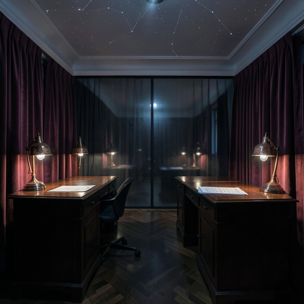 The academy study room with dark wood desks, velvet curtains, and copper lamps