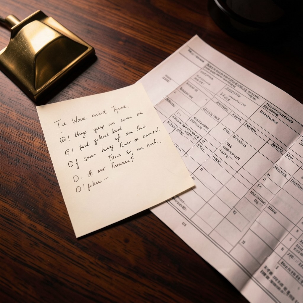 A short checklist on ivory paper beside a folded printed chart and a brass paperweight