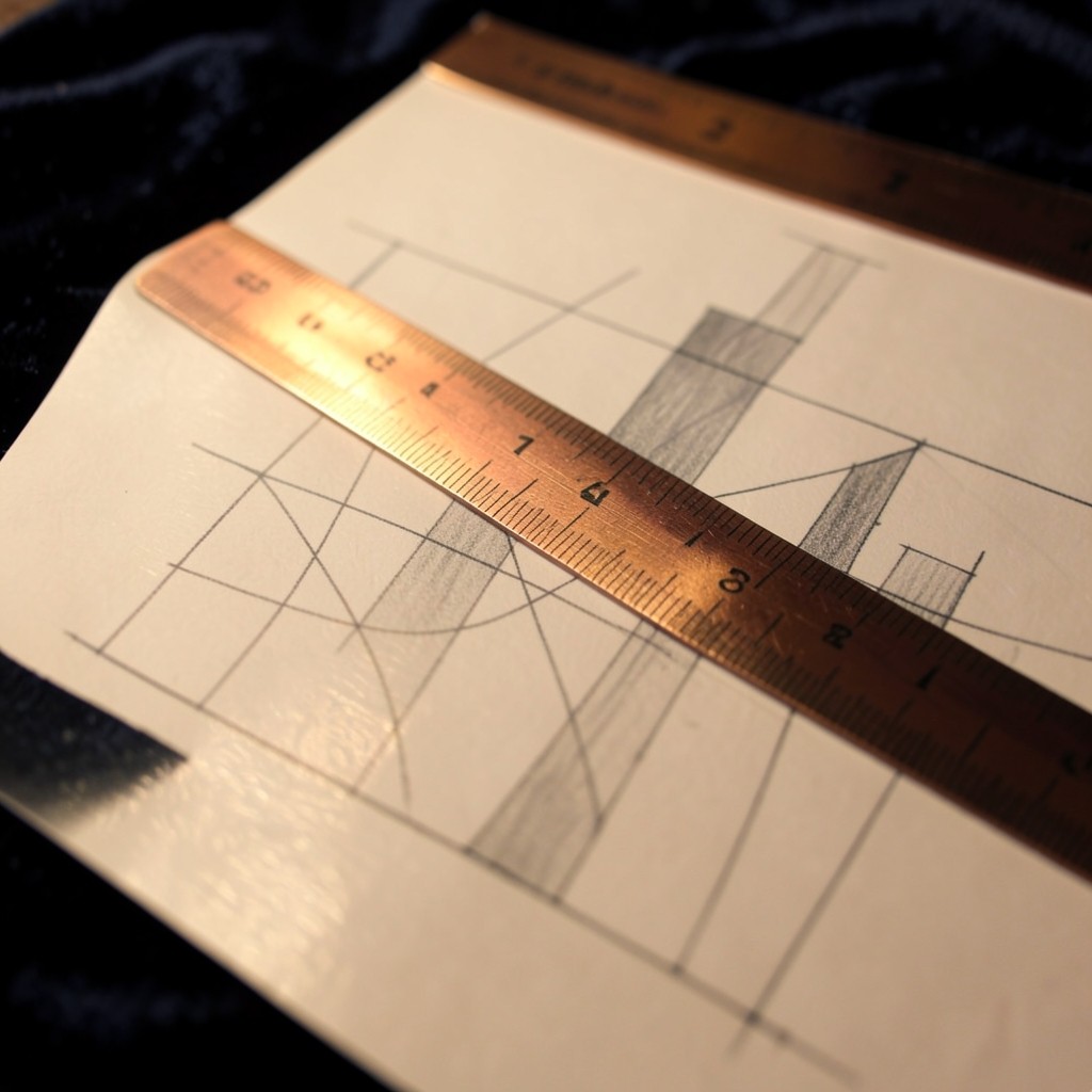 A printed bar chart with a few thin pencil lines and a copper ruler on dark velvet cloth