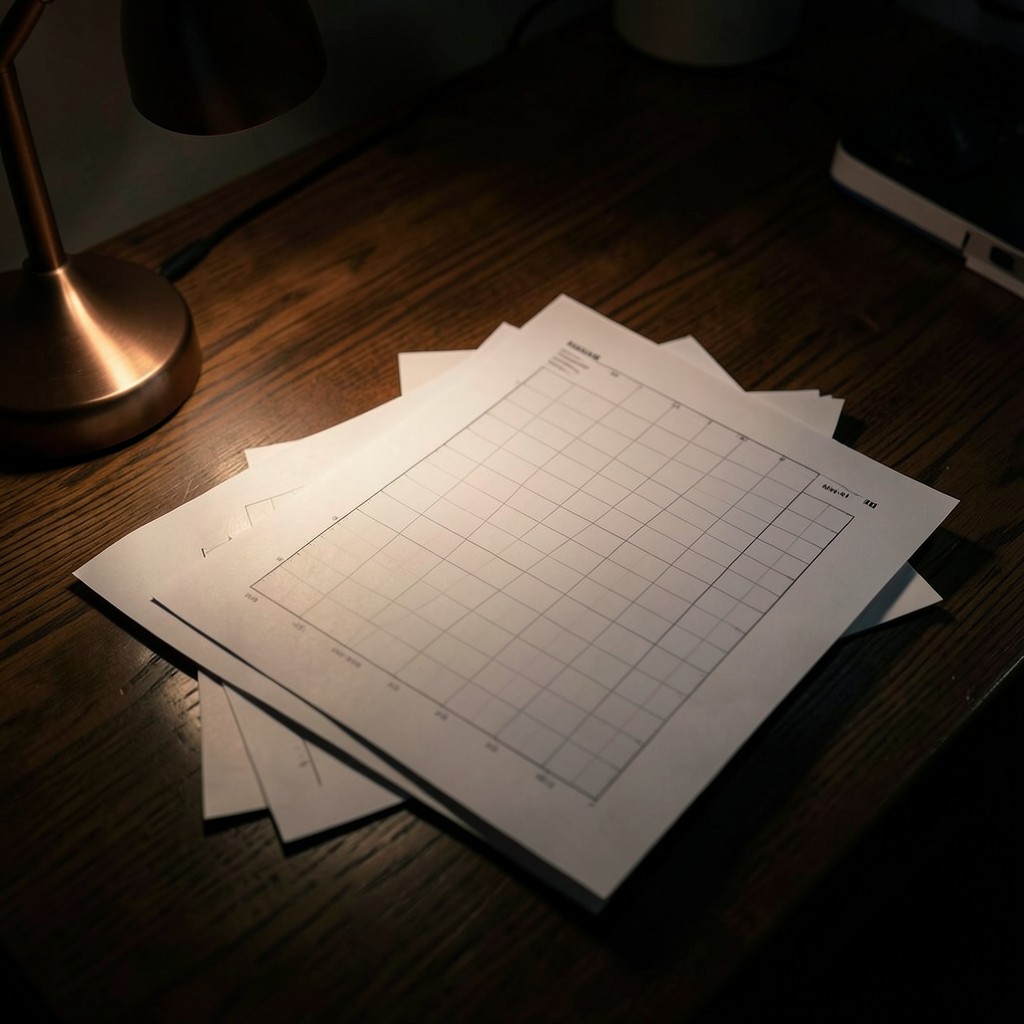 Three printed charts stacked so only the largest sheet is fully visible under a copper lamp