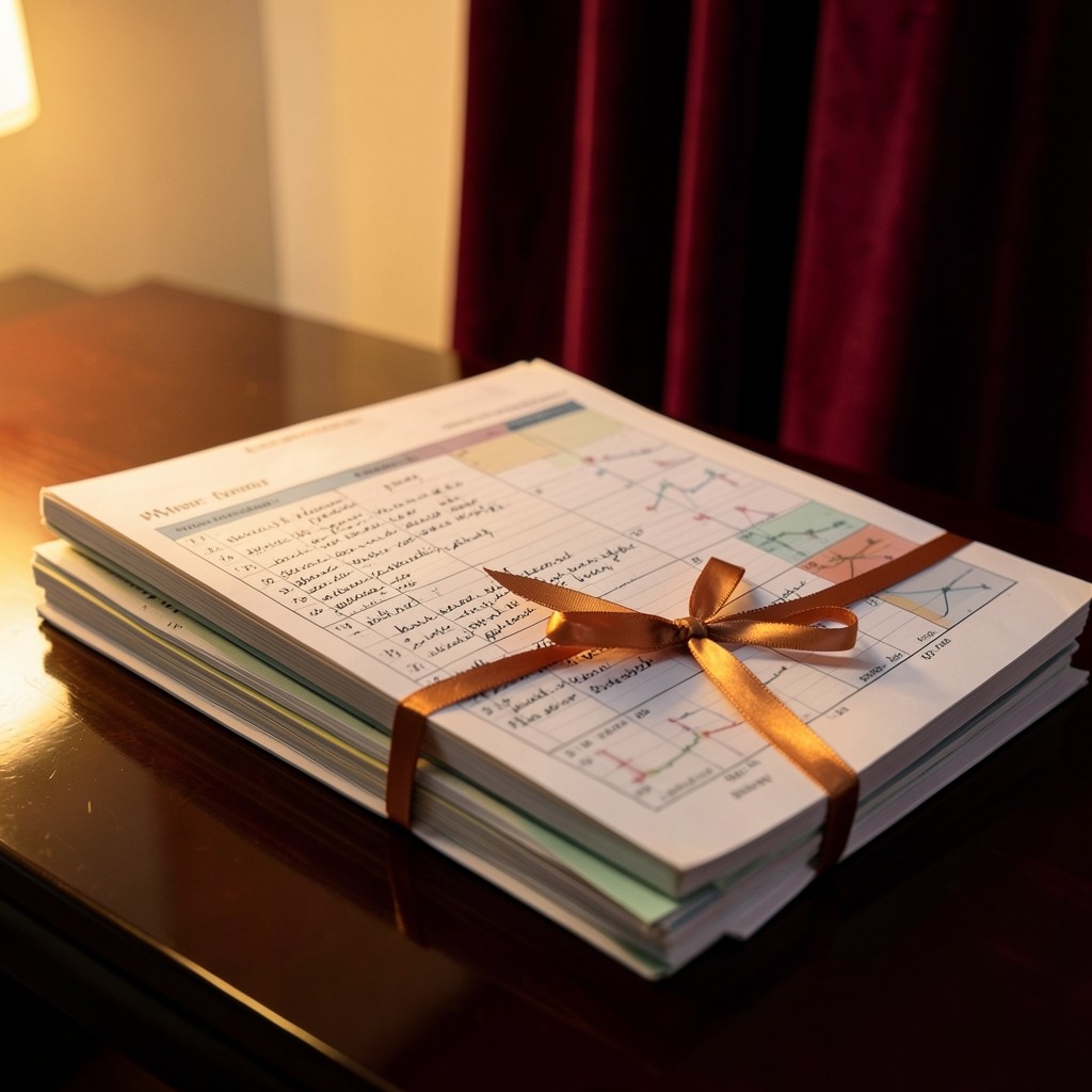 A weekly planner page beside a stack of printed charts tied with a copper-colored ribbon