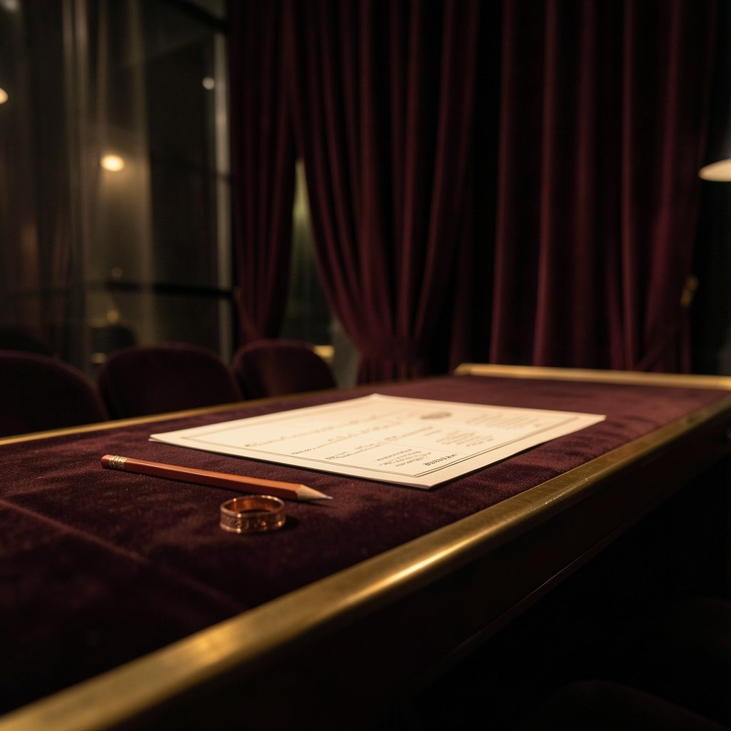 A single study desk in a velvet room, with a printed chart centered under a copper lamp