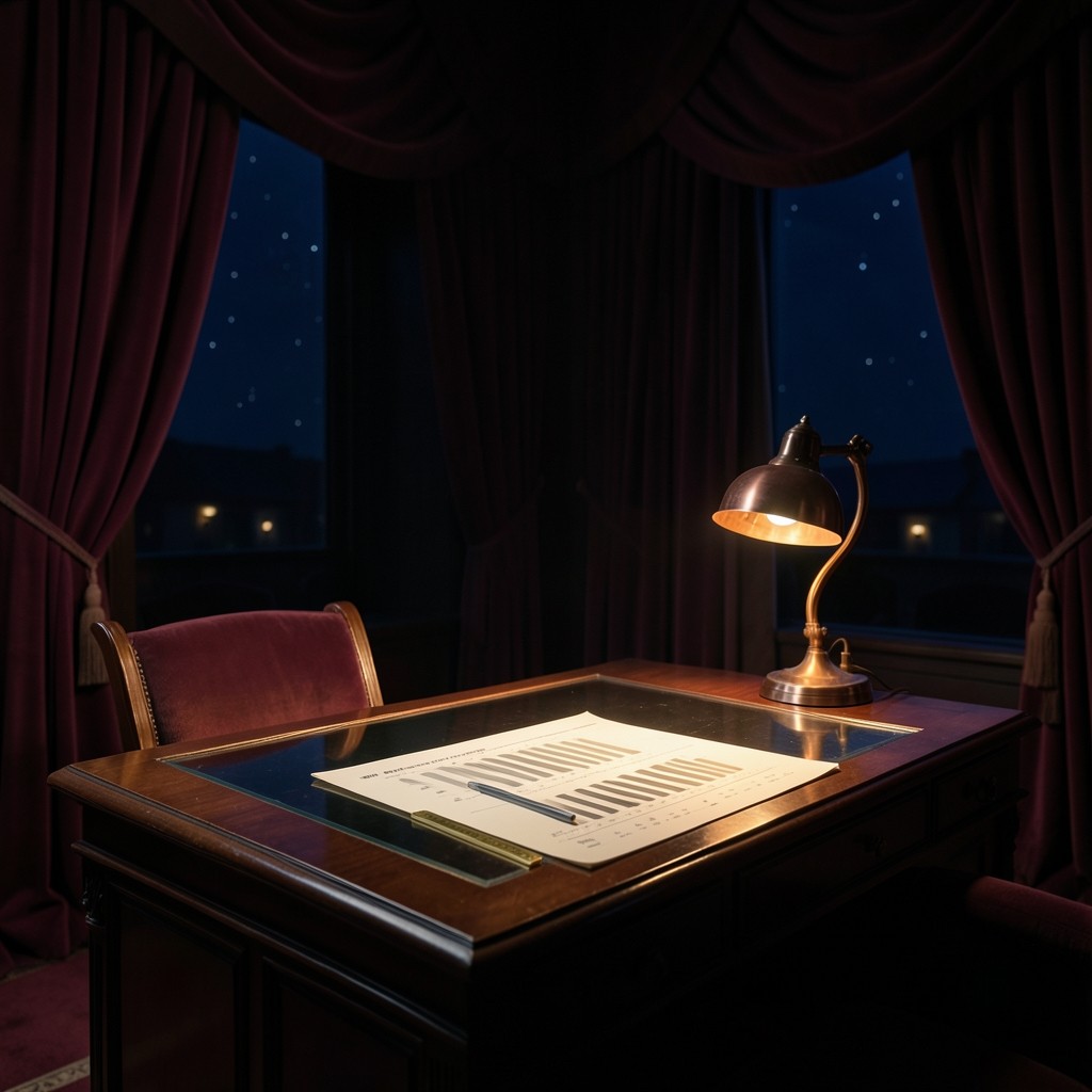 Evening academy room with a lacquered desk, printed charts, and a brass lamp beneath velvet curtains