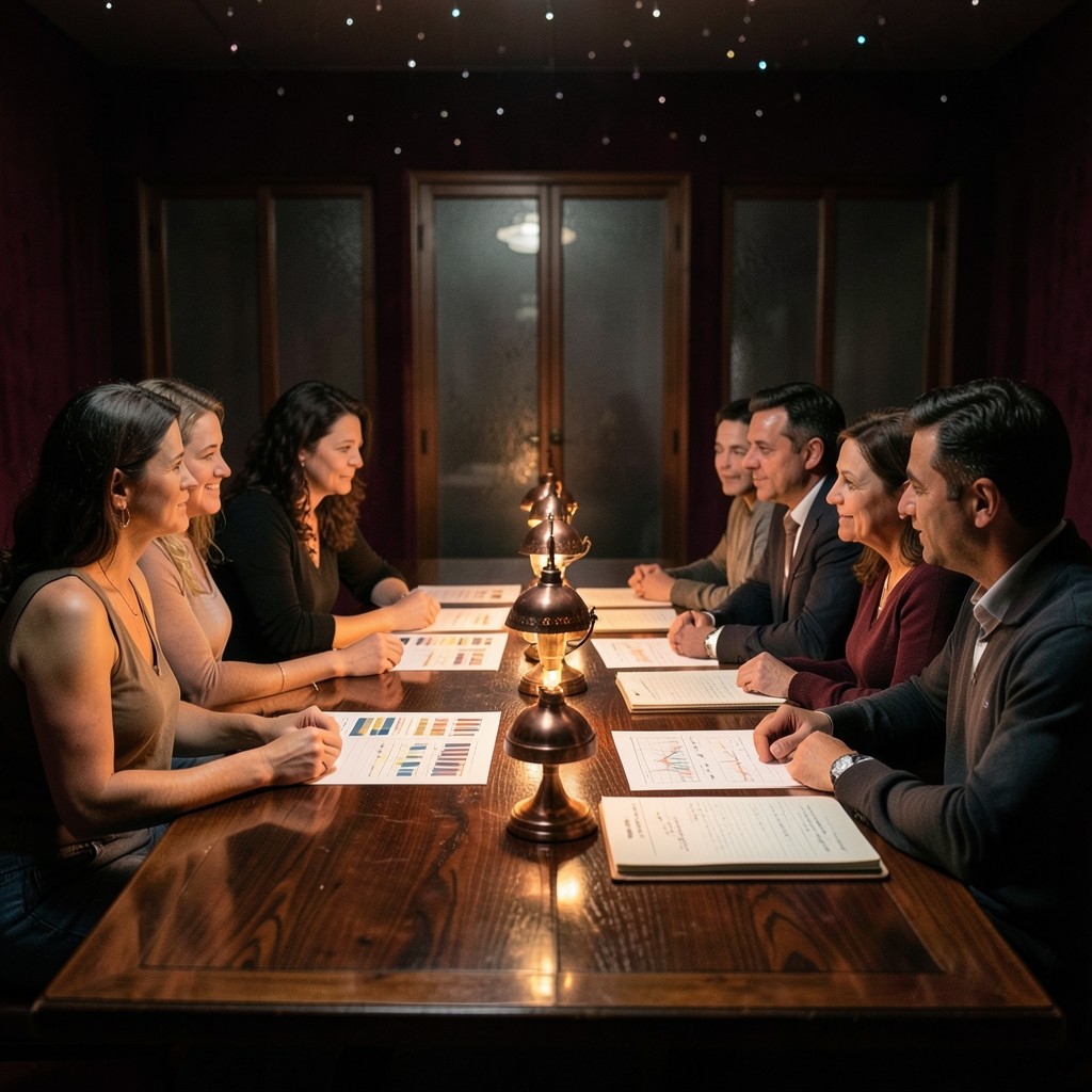 A small group of adults around a long wooden table with printed charts and copper lamps in a burgundy room