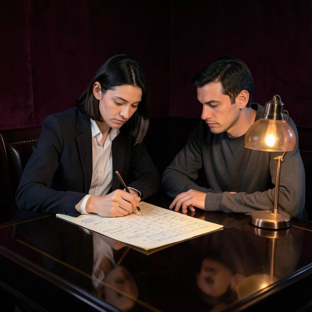 Two adults at a lacquered desk marking a printed chart under a copper lamp in a velvet-curtained room
