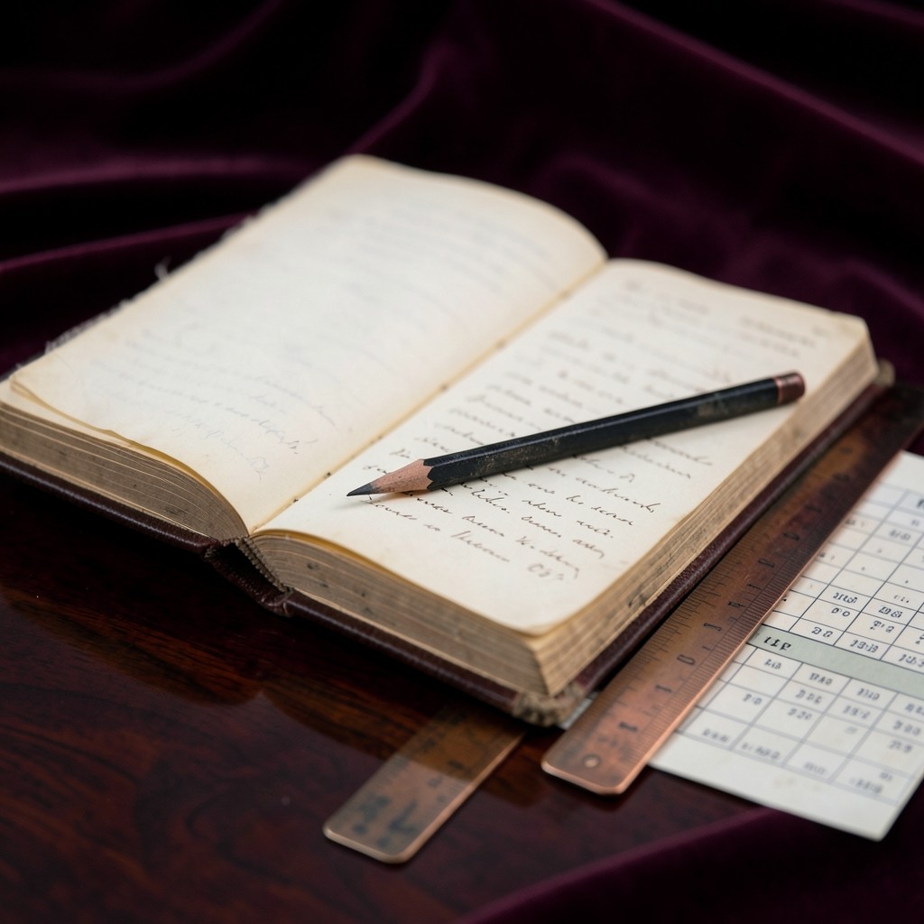 An open clothbound journal beside a printed chart, a pencil, and a copper ruler on dark wood